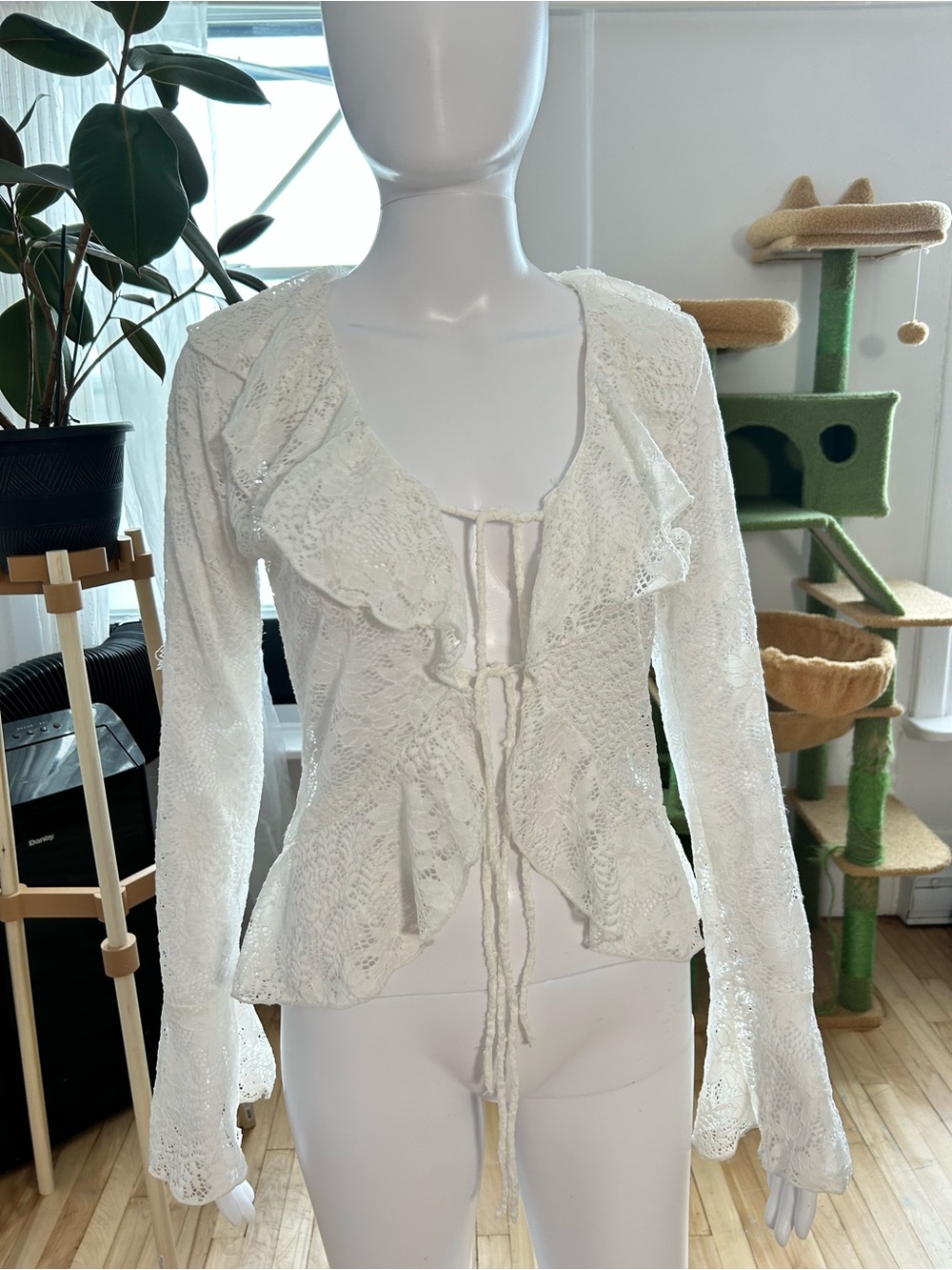 Women's White Lace Tie-Front Top